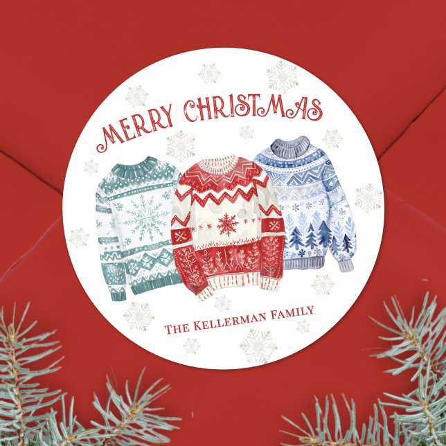 Festive Ugly Sweater Merry Christmas Classic Round Sticker (Festive Ugly Sweater Merry Christmas Classic Round Sticker)