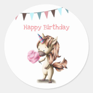 Festive Unicorn eating cotton candy birthday Classic Round Sticker