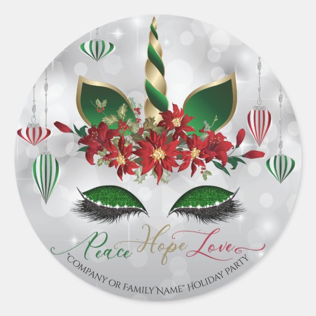 Festive Unicorn Face  Peace Hope and Love Classic Round Sticker (Front)