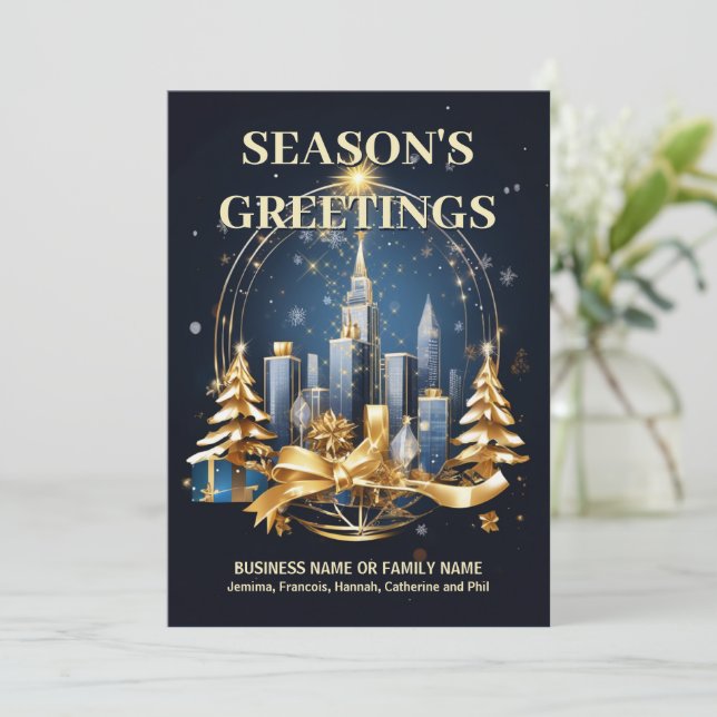 Festive urban skyline blue gold DIY logo photo Holiday Card (Standing Front)