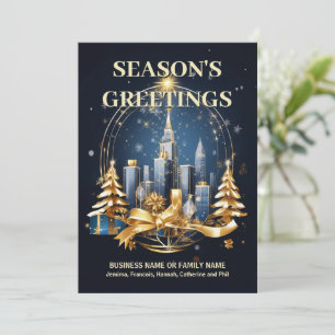 Festive urban skyline blue gold DIY logo photo Holiday Card