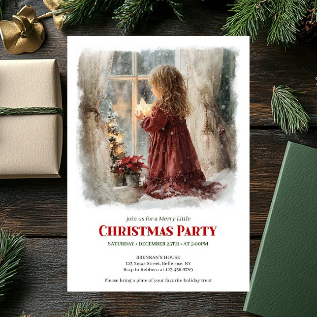 Festive Victorian Little Girl Awaiting Santa  Invitation (Festive Victorian Little Girl Awaiting Santa Editable Invite)