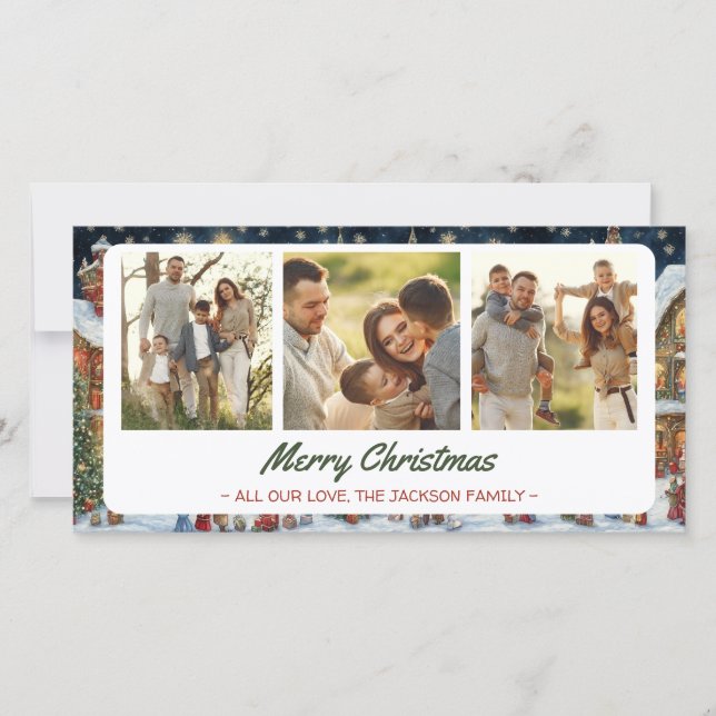 Festive Village Christmas Greeting Card 3 Photos (Front)