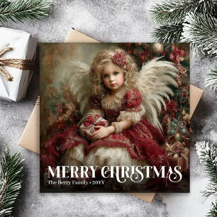 Festive Vintage Angel Gold Red Christmas Greeting Holiday Card