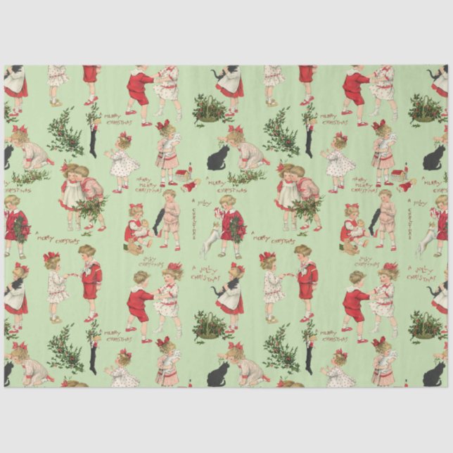 Festive Vintage Children & Christmas Greetings Tis Tissue Paper (Front)