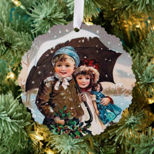 festive vintage Christmas add text kids Tree Decoration Card