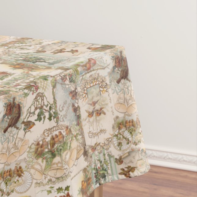 Festive Vintage Christmas Bird and Flower Ephemera Tablecloth (In Situ)