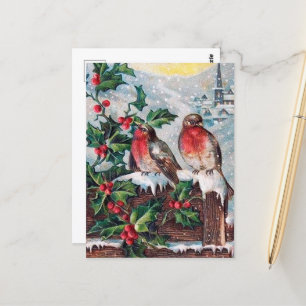 festive vintage Christmas birds Holiday Postcard