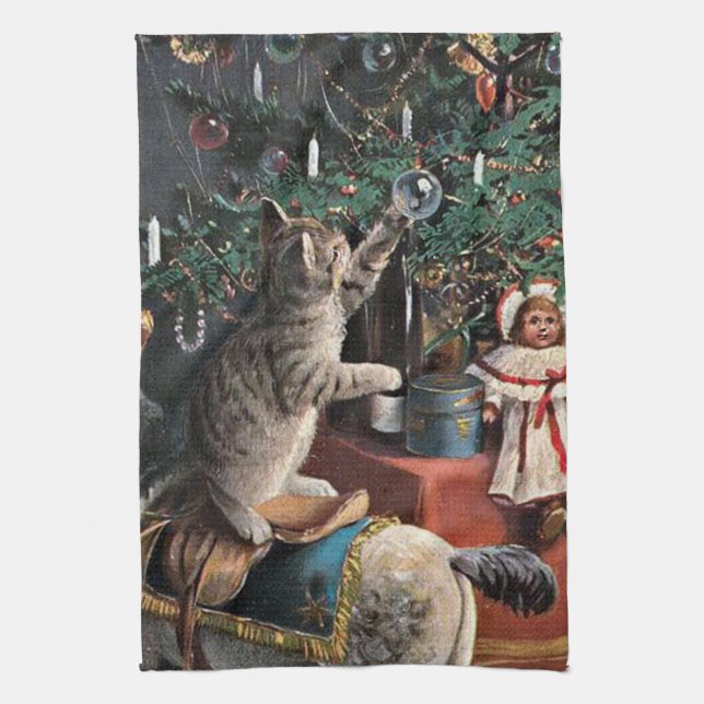 festive vintage Christmas cat Holiday Tea Towel (Vertical)
