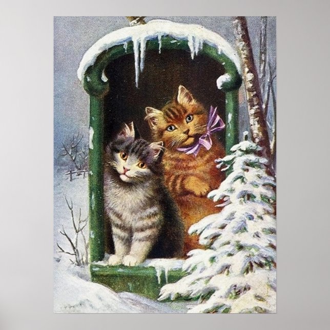 festive vintage Christmas cats Holiday Poster (Front)