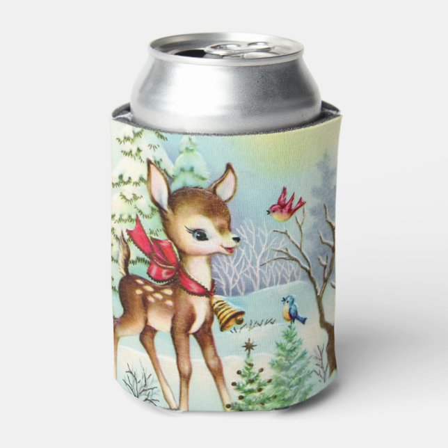 festive vintage Christmas deer Holiday Can Cooler (Can Front)