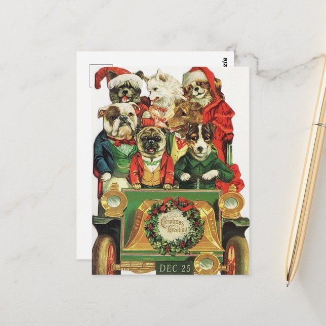 festive vintage Christmas dogs Holiday Postcard (Front/Back In Situ)