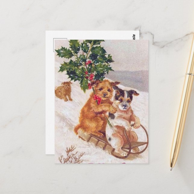 festive vintage Christmas dogs Holiday Postcard (Front/Back In Situ)