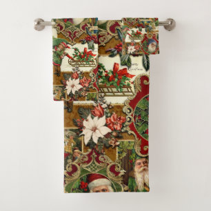 Festive Vintage Christmas Ephemera Collage-Gold Bath Towel Set