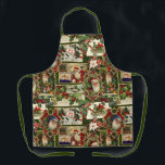 Festive Vintage Christmas Ephemera Collage-Green Apron<br><div class="desc">Fun,  festive,  colourful and intricate holiday pattern featuring jolly old world Christmas ephemera from Victorian-era greeting cards,  including Santas in ornate frames,  holly,  mistletoe,  sleds,  winter scenes,  happy children and Merry Christmas greetings on green background.</div>