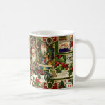 Festive Vintage Christmas Ephemera Collage-Green Coffee Mug<br><div class="desc">Fun,  festive,  colourful and intricate holiday pattern featuring jolly old world Christmas ephemera from Victorian-era greeting cards,  including Santas in ornate frames,  holly,  mistletoe,  sleds,  winter scenes,  happy children and Merry Christmas greetings on green background.</div>