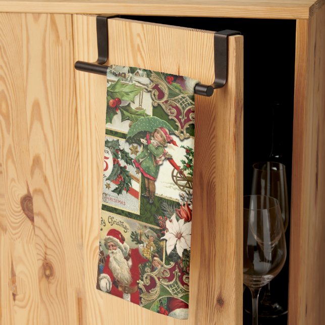 Festive Vintage Christmas Ephemera Collage-Green Tea Towel (Thirds Fold)