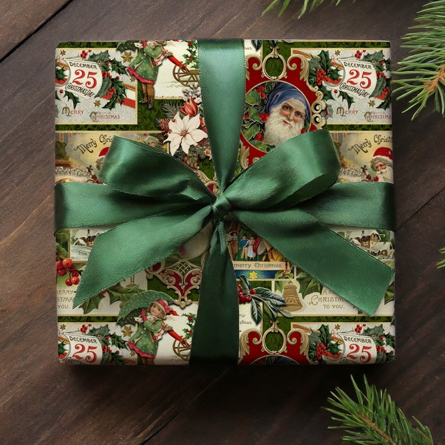 Festive Vintage Christmas Ephemera Collage-Green Wrapping Paper (Creator Uploaded)