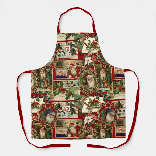 Festive Vintage Christmas Ephemera Collage-Red Apron (Front)