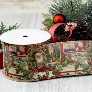 Festive Vintage Christmas Ephemera Collage-Red Satin Ribbon