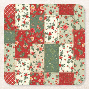 Festive Vintage Christmas Floral Quilt Pattern Square Paper Coaster