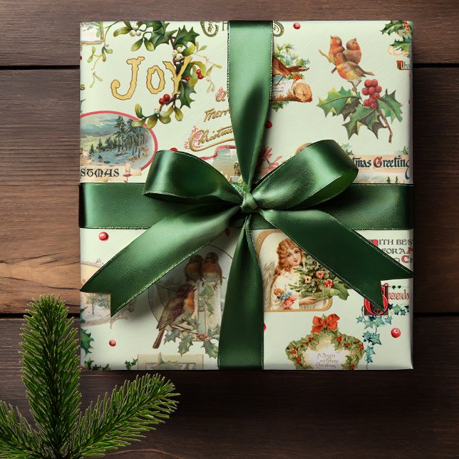 Festive Vintage Christmas Greetings Collage-Green Wrapping Paper (Creator Uploaded)