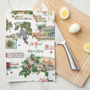 Festive Vintage Christmas Greetings Collage-White Tea Towel