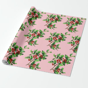 Festive Vintage Christmas Holly Berries on Pink Wrapping Paper