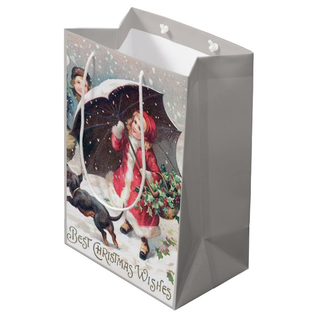 festive vintage Christmas kids Holiday Medium Gift Bag (Back Angled)