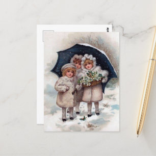 festive vintage Christmas kids Holiday Postcard
