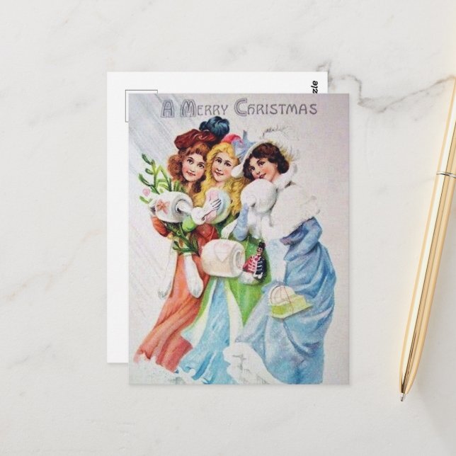 festive vintage Christmas ladies Holiday Postcard (Front/Back In Situ)