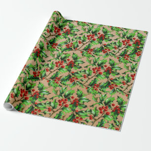 Festive Vintage Christmas Red Holly Berries Kraft Wrapping Paper