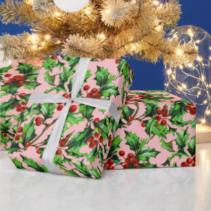 Festive Vintage Christmas Red Holly Berries Pink Wrapping Paper