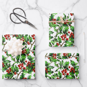 Festive Vintage Christmas Red Holly Berries Wrapping Paper Sheet
