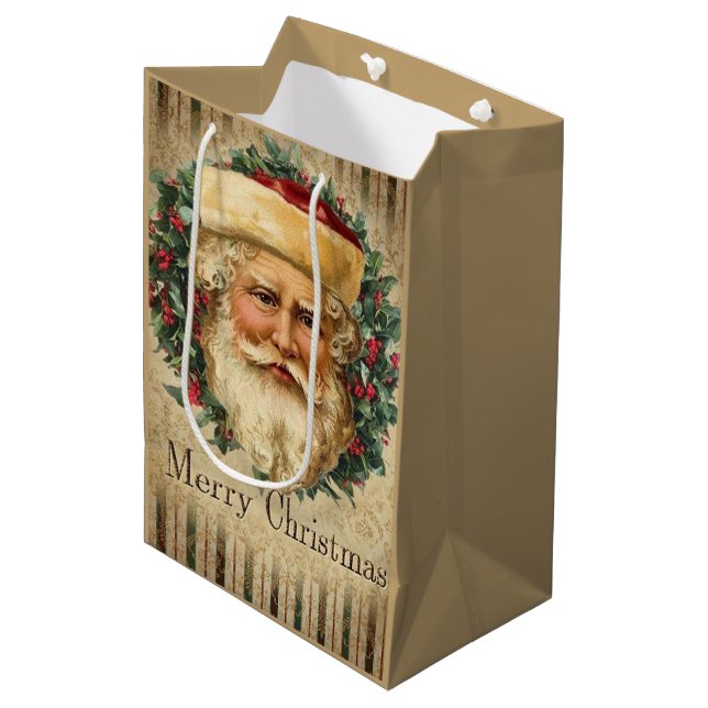 festive vintage Christmas Santa Medium Gift Bag (Front Angled)
