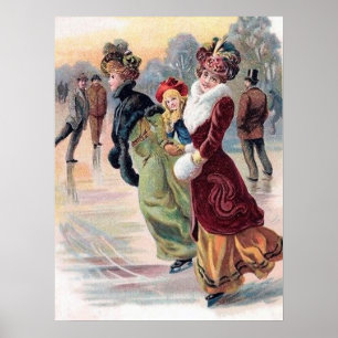 festive vintage Christmas skating ladies Poster