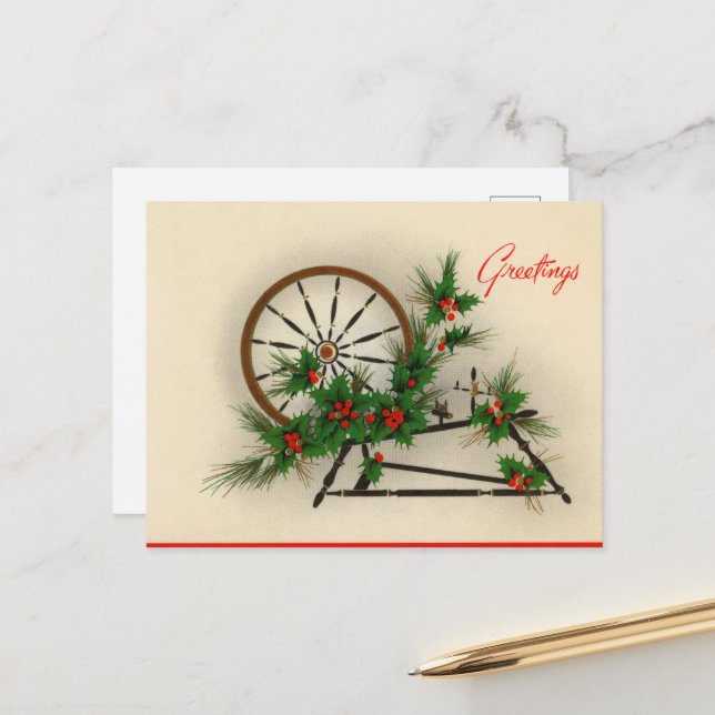 festive vintage Christmas spinning wheel Postcard (Front/Back In Situ)
