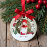 Festive Vintage Christmas Tree Farm Photo Ceramic Tree Decoration<br><div class="desc">Celebrate the magical and festive holiday season with our custom holiday photo ornament. Our vintage holiday design features a Christmas tree farm scenery, this Christmas pattern incorporates a farm Christmas scene featuring a farmhouse, a red barn, children playing and throwing snowballs, Christmas trees, and a red vintage truck. All artwork...</div>