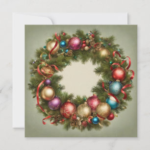 Festive Vintage Christmas Wreath with Ornaments Holiday Card