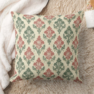 Festive Vintage Damask Red Green Beige Cushion