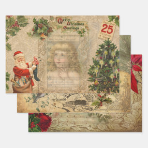 Festive Vintage Floral Ephemera Collage Wrapping Paper Sheet
