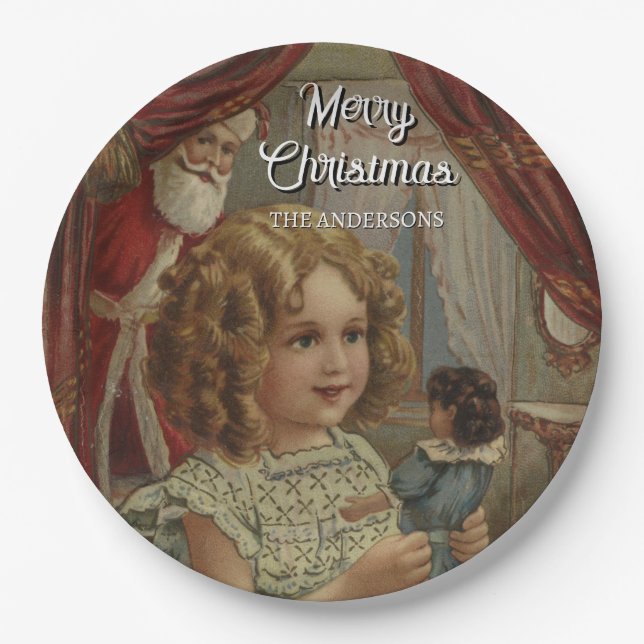 Festive Vintage Girl Santa Doll Plate (Front)