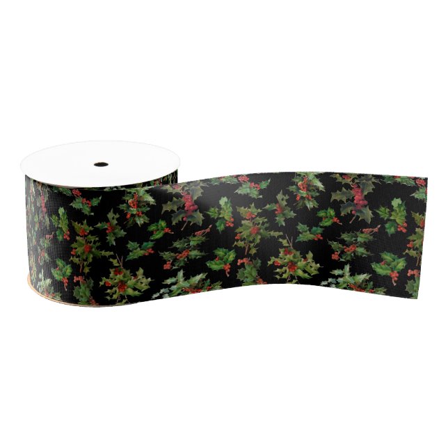 Festive Vintage Holly | Black Background Grosgrain Ribbon (Spool)