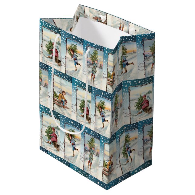 Festive Vintage Ice Skating Angels Medium Gift Bag (Front Angled)