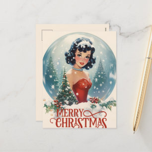 Festive vintage lady add message  holiday postcard