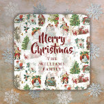 Festive Vintage Merry Christmas Family Name Square Sticker<br><div class="desc">The perfect way to celebrate your Christmas with these personalised vintage retro festive stickers. Designed by Thisisnotme©</div>
