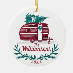 Festive Vintage Red Camper Christmas Tree Monogram Ceramic Tree Decoration