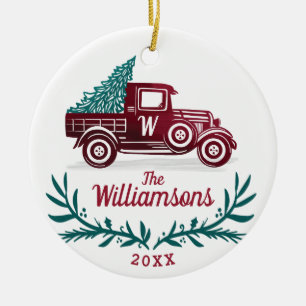 Festive Vintage Red Truck Christmas Tree Monogram Ceramic Tree Decoration
