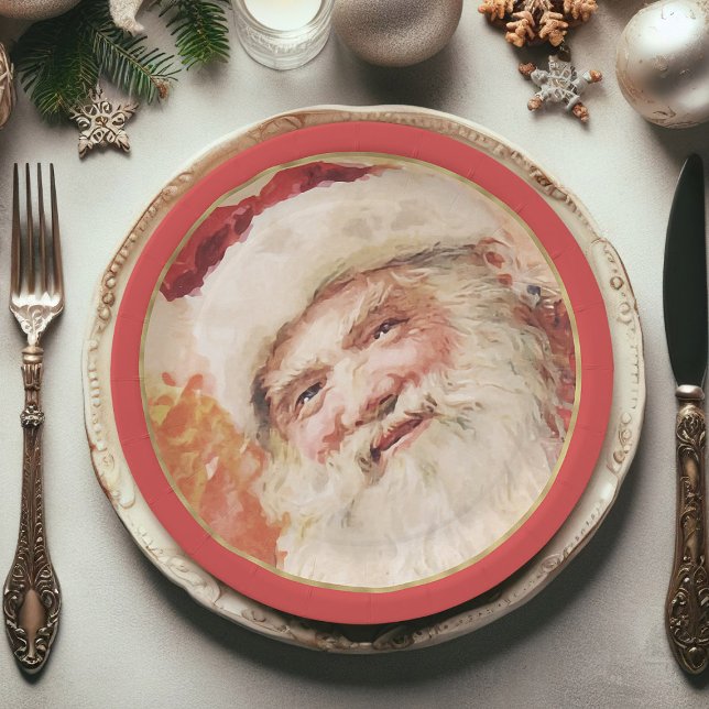 Festive Vintage Santa Claus Christmas Paper Plates (Christmas paper plates, Santa Claus Xmas paper plates)