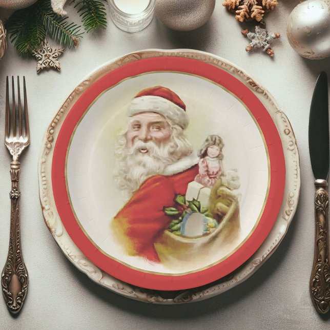 Festive Vintage Santa Claus Christmas Paper Plates (Christmas paper plates, Santa Claus Xmas paper plates)